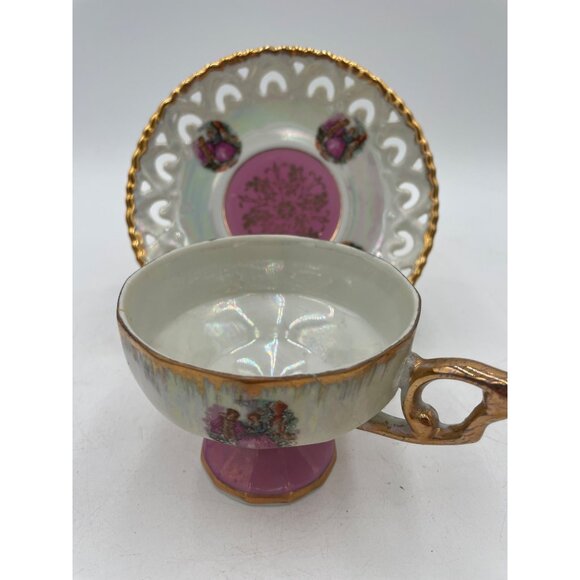 Vintage Porcelain Teacup & Saucer Set With Gold Trim & Romantic Scene Design - Picture 1 of 8